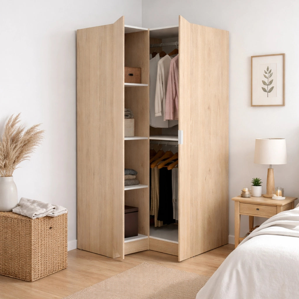 Guardaroba Aser, Mobile angolare per camera da letto, Armadio appendiabiti ad angolo a 2 ante battenti, 91x93h184 cm, Rovere