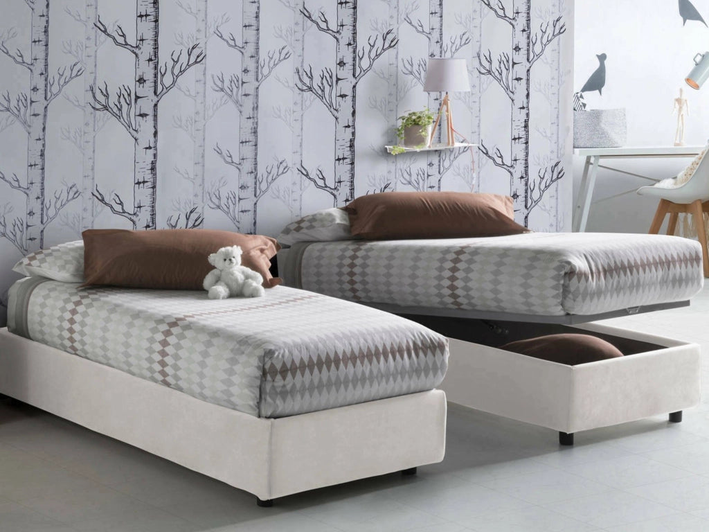 Letto singolo Agenta, Letto contenitore con rivestimento in tessuto, Made in Italy, Apertura frontale, con materasso cm 80x190 incluso, Bianco