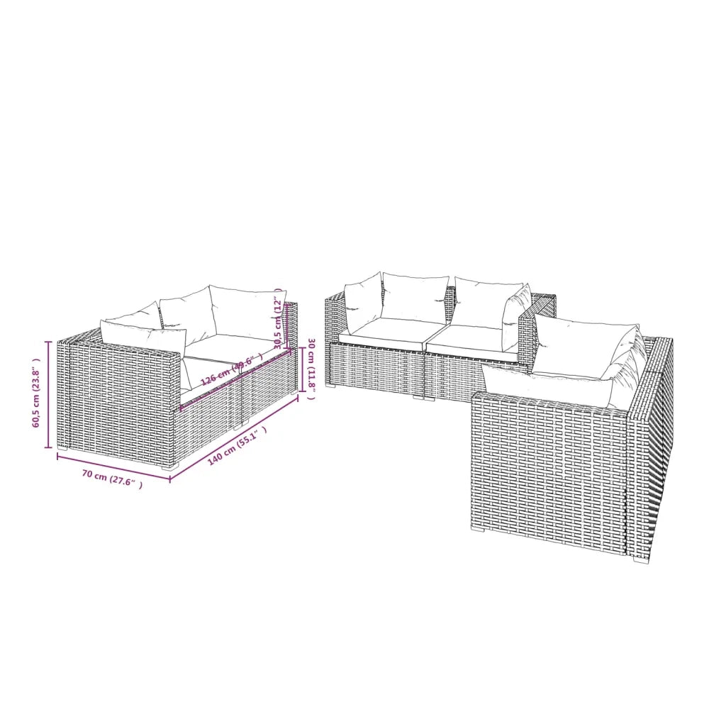 Set Divani da Giardino 6 pz con Cuscini in Polyrattan Nero 3102295