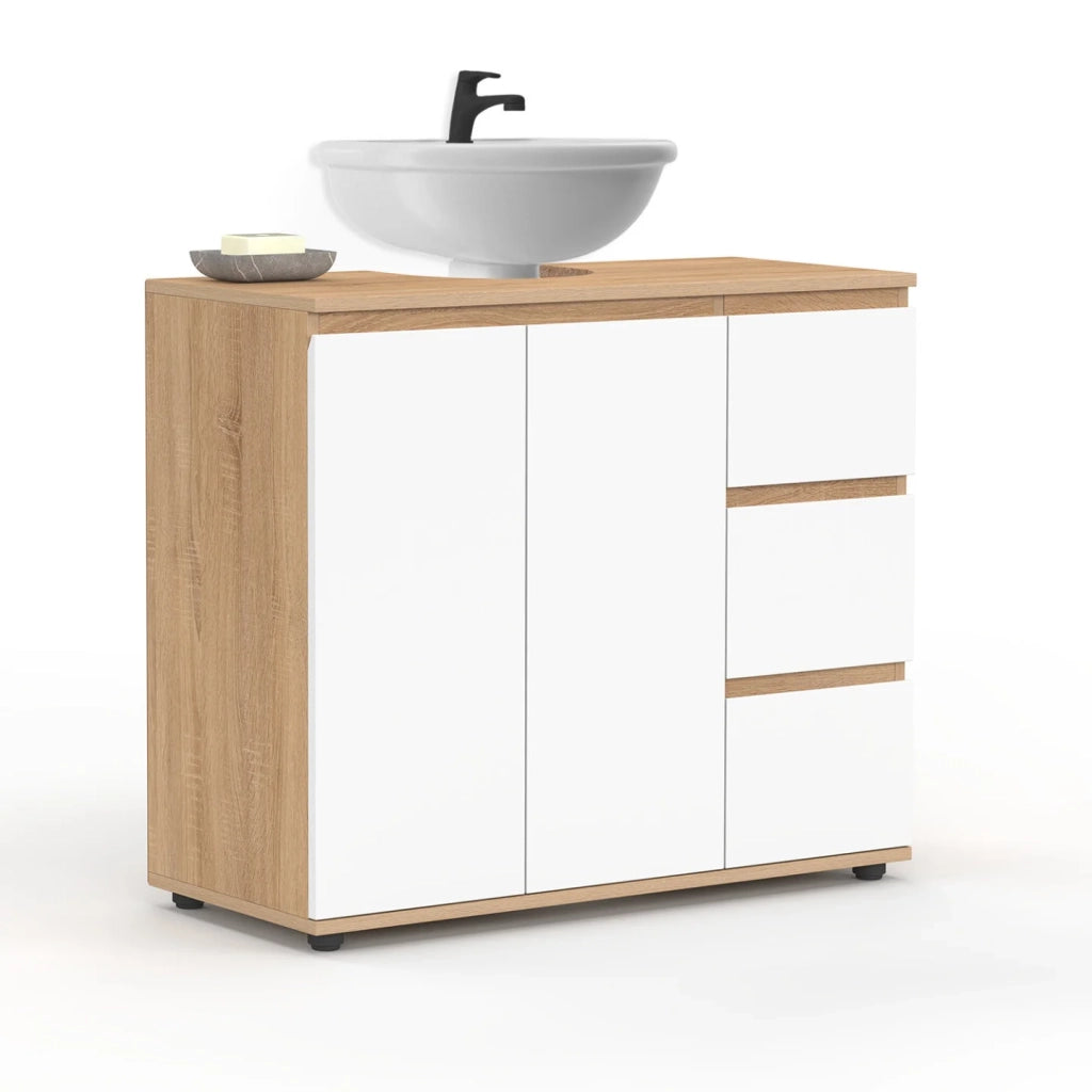 IDMarket - Mobiletto da bagno TOMI con armadio e 3 cassetti, finitura faggio e bianco