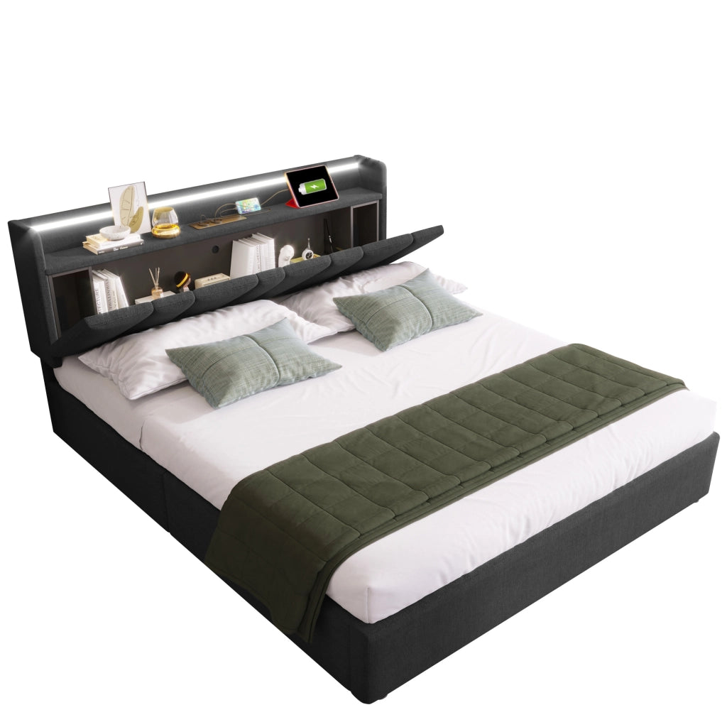 Letto doppio imbottito; 160x200cm; con testiera USB e LED; grigio