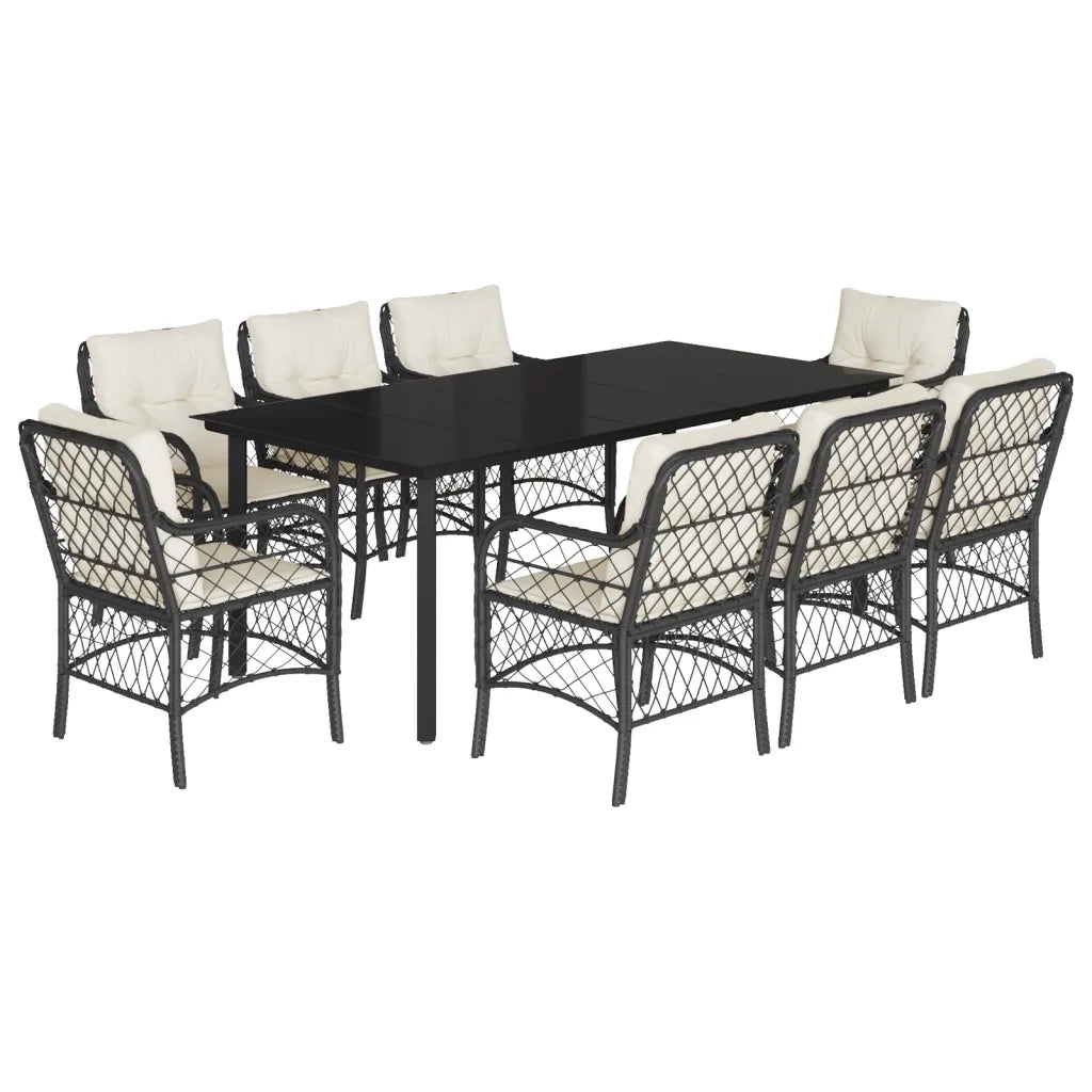 Set da Pranzo da Giardino 9 pz con Cuscini Nero in Polyrattan 3212095