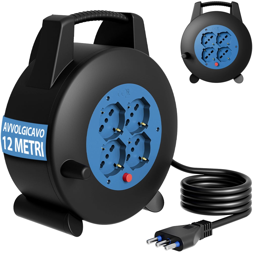 Avvolgicavo Multipresa 12 Metri con Interruttore di Protezione Prolunga 4 Prese
