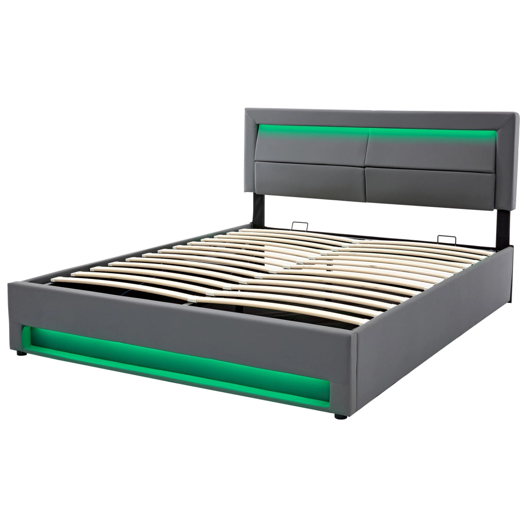 Letto imbottito – 140x190 cm – USB LED contenitore – PU litchi grigio