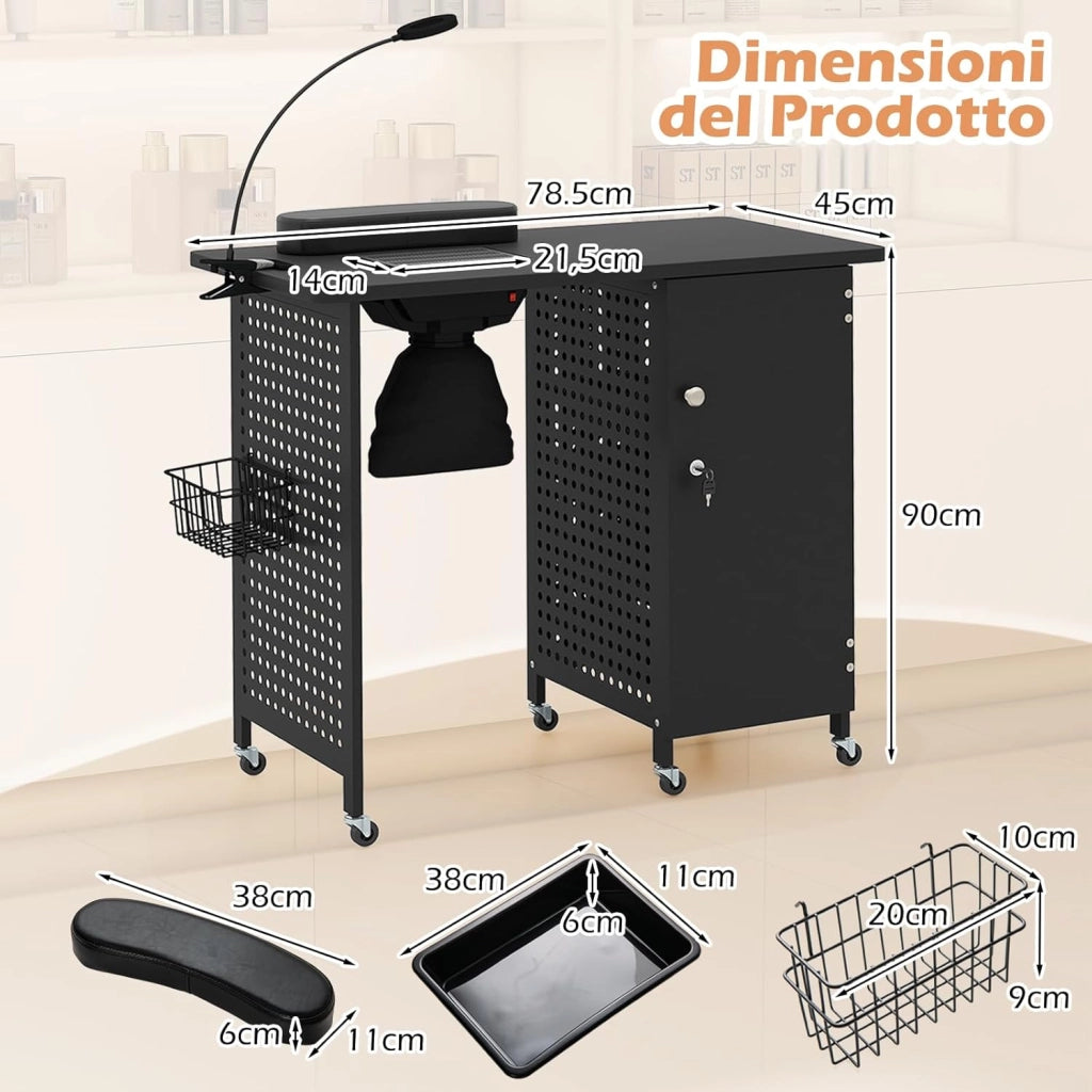 Tavolo Manicure, Tavolo per Unghie con Aspiratore, 6 Ruote Bloccabili, Sacchetti per Polvere, 4 Cassetti, Poggiapolsi, Lampada LED, Cestino Metallico e Armadio