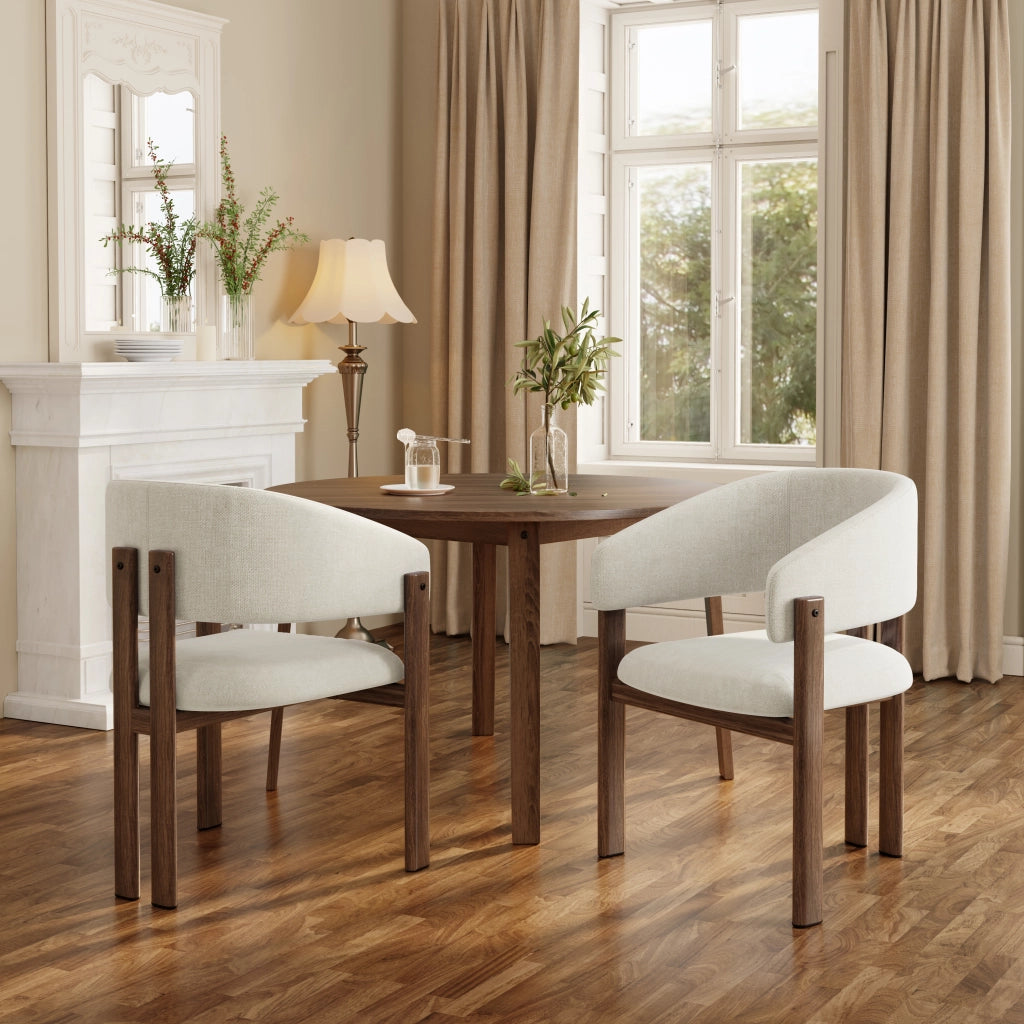 2 sedie da sala da pranzo in metallo con effetto legno noce e braccioli ergonomici in lino beige stile moderno