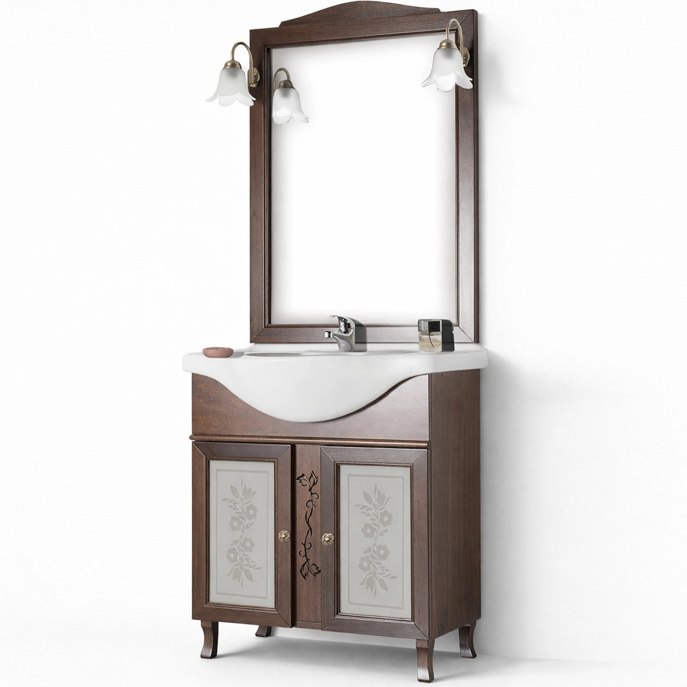 Mobile Da Bagno Noce Completo Modello Giada Ante Vetro 75cm Legno con Specchio