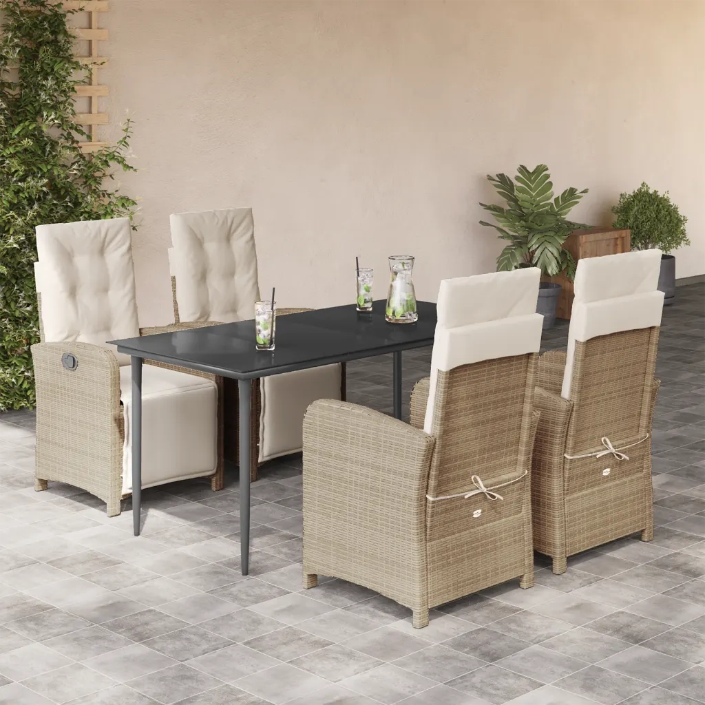 Set da Pranzo da Giardino 5 pz con Cuscini Beige in Polyrattan