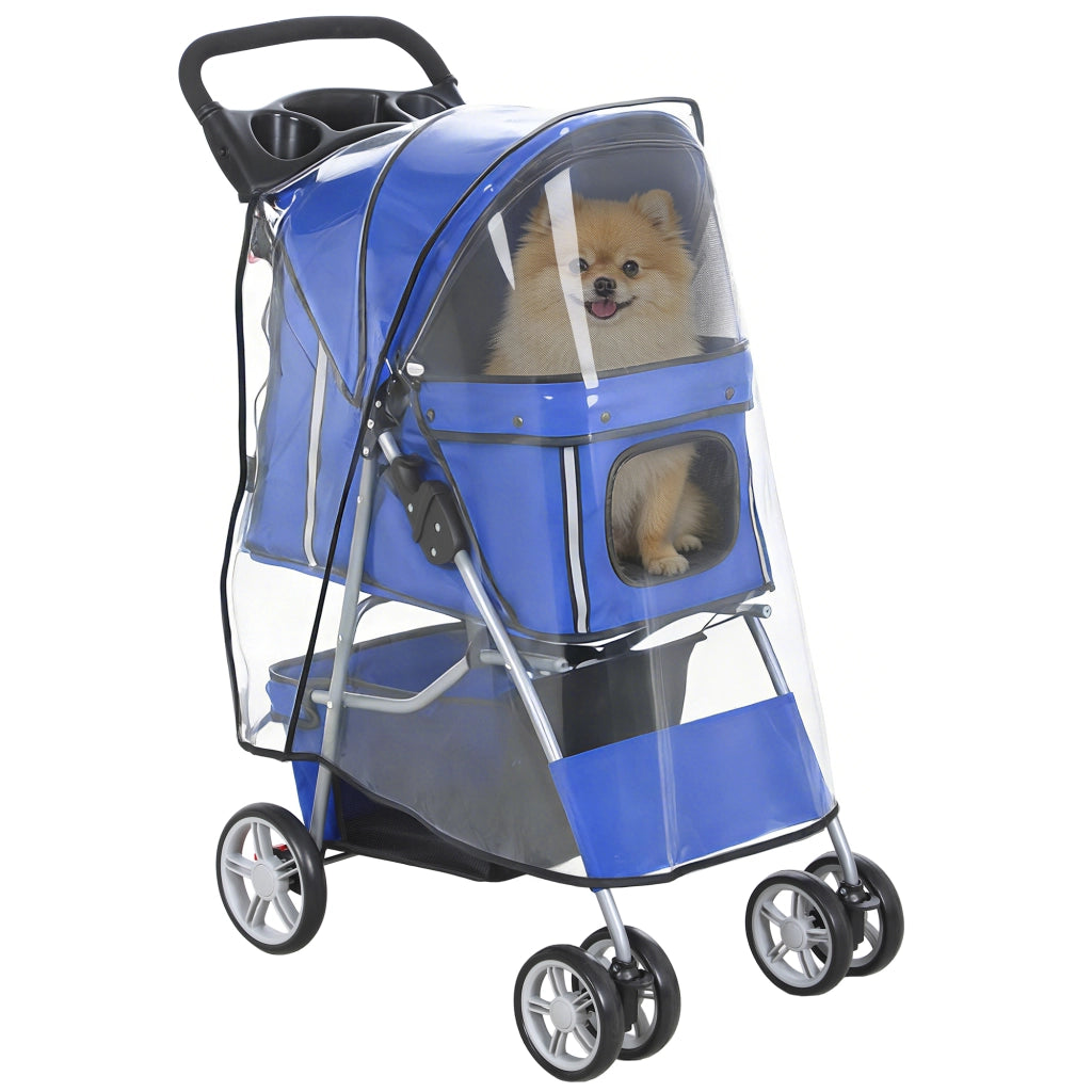 Passeggino per Cani Pieghevole con Copertura Antipioggia, Ruote Girevoli e Cuscino Lavabile, Blu