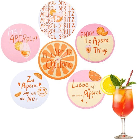 6 Sostegni per Aperol – Divertenti Sostegni con Citazioni – Regalo per Amanti dell'Aperol – Decorazione di Tavola Estiva – 10 x 10 cm