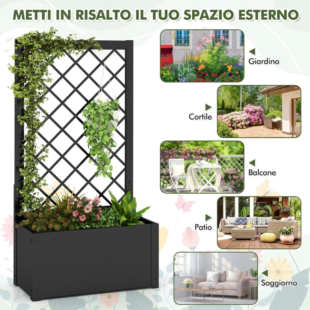 Letto da Giardino Rialzato con Traliccio, Fioriera in Metallo per Piante Rampicanti, Verdure, Viti e Fiori, Aiuola Elevata per Piante Esterno per Patio, Giardino e Balcone