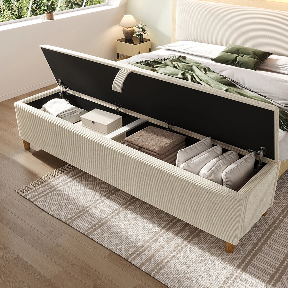 Banquette letto con spazio di archiviazione - Xylo - 175 x 38 cm - Beige vellutato - Rialzo idraulico per camera, soggiorno e corridoio