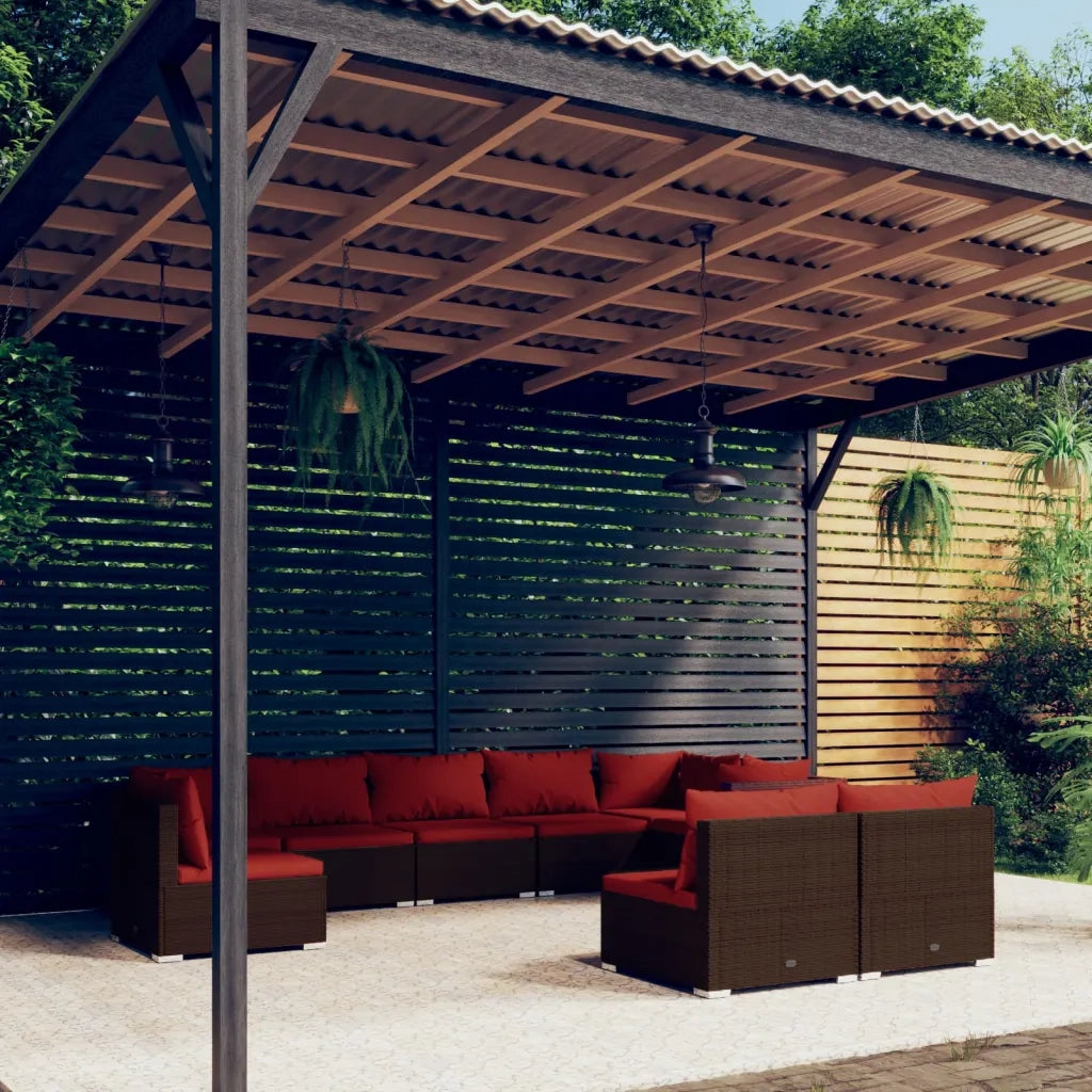 Set Divani da Giardino 9 pz con Cuscini in Polyrattan Marrone 3102563