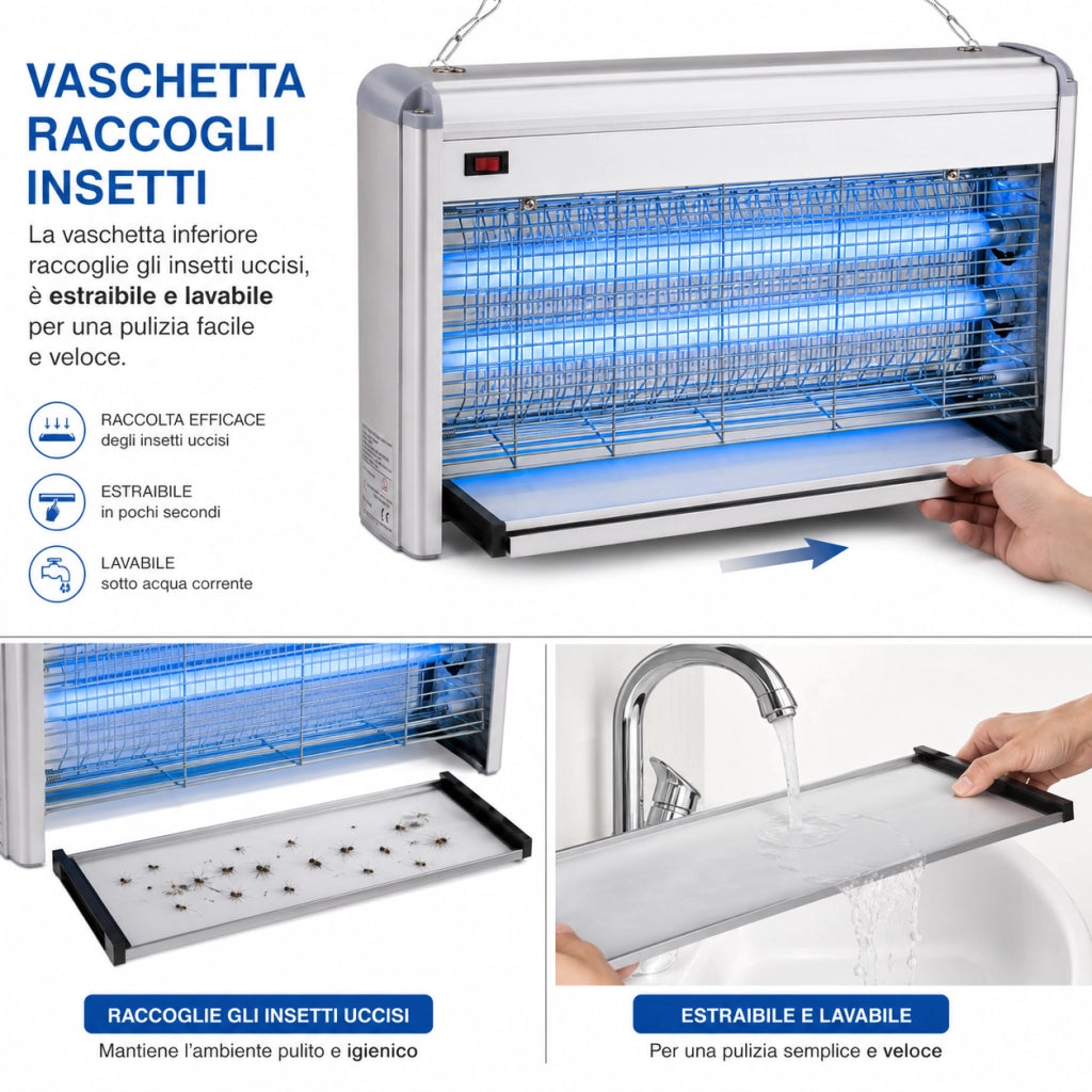 Lampada Insetticida XXXL Antizanzare Elettrico 40w (2x20w), Zanzariera Elettrica contro Insetti, Zanzare e Mosche - Con catena e spazzolina per pulizia