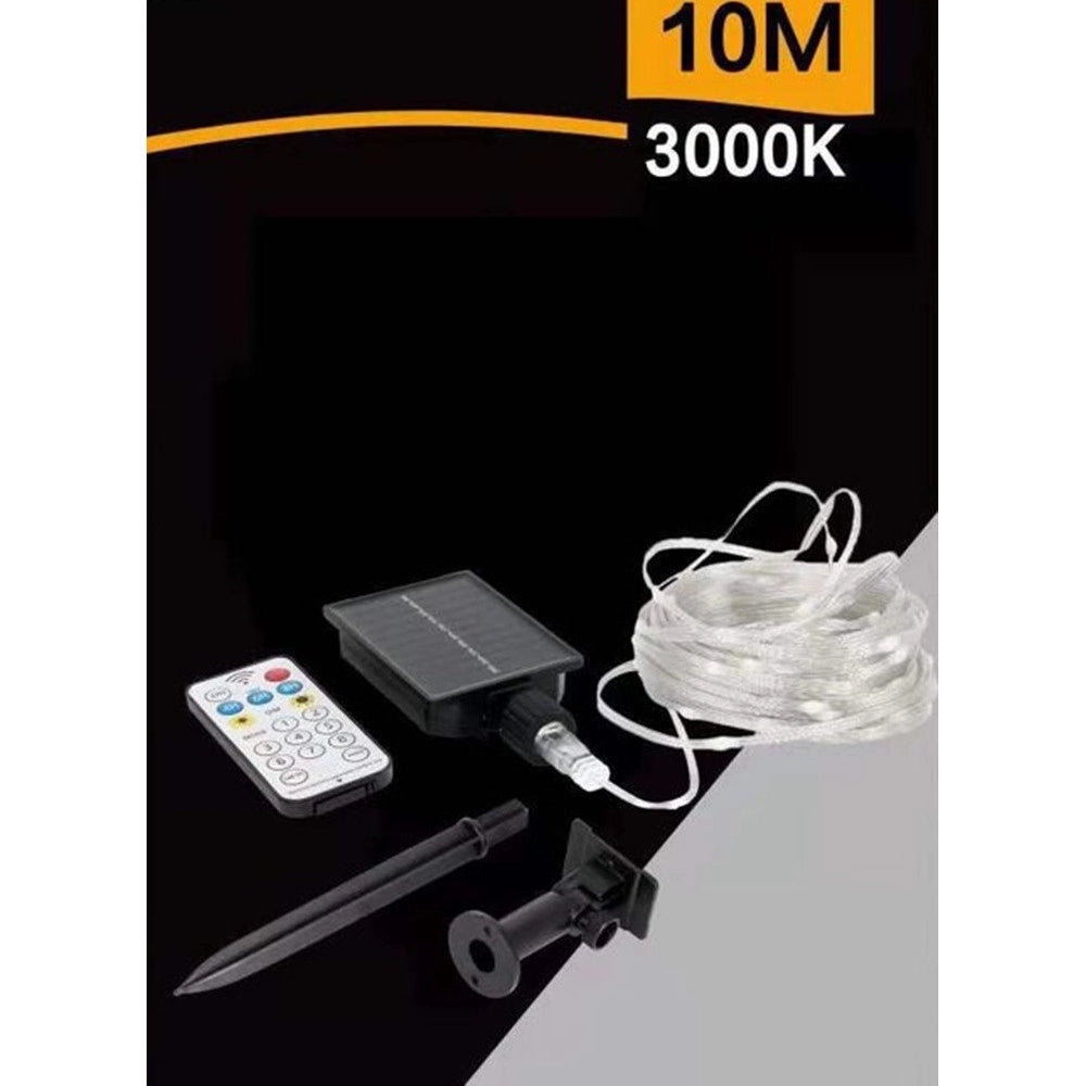 Trade Shop - Striscia Luminosa Led 10mt Con Pannello Solare Picchetto Catena Luce Decorazioni Kyp-10 - -bianco Caldo      -