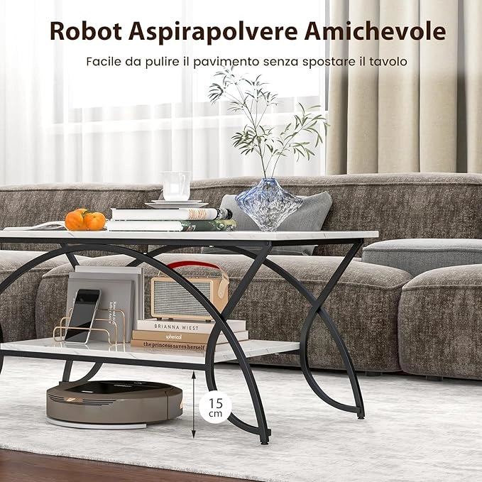 Tavolino da Caffè da Salotto, Tavolino Rettangolare a 2 Livelli con Struttura in Metallo, Tavolino Elegante e Moderno per Studio, Ufficio e Soggiorno, 100 x 50 x 45 cm (bianco e nero)