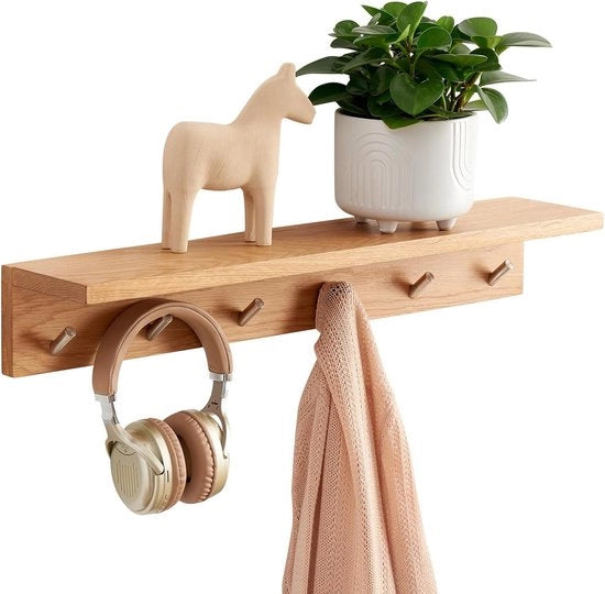 Pannelli in Legno di Quercia Sospesi con Ganci 50cm Pannello di Finestra con Ganci di Appendiabiti per Montaggio alla Parete con Pannello di Esposizione per Ingresso Camera da Letto Salotto Bagno ecc. (70cm - 6 Ganci)