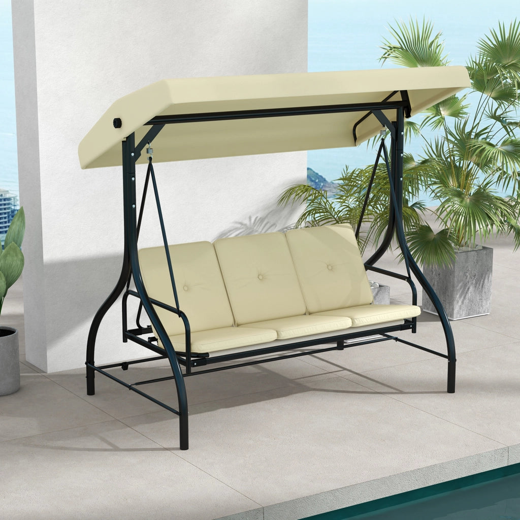 Dondolo da Giardino 3 Posti con Tettuccio Regolabile ¨C Minimal ¨C Tessuto Beige e Metallo Nero