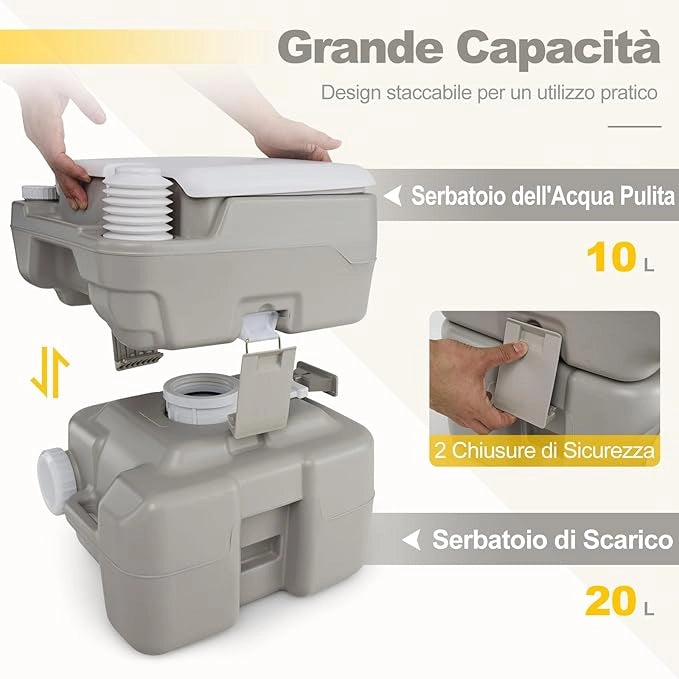 WC Portatile Adulti con Serbatoio dell'Acqua Rimovibile da 20 L, Toilette Portatile con Pompa di Scarico, WC Chimico da Campeggio, per Camper, Barca, Portata 200 kg