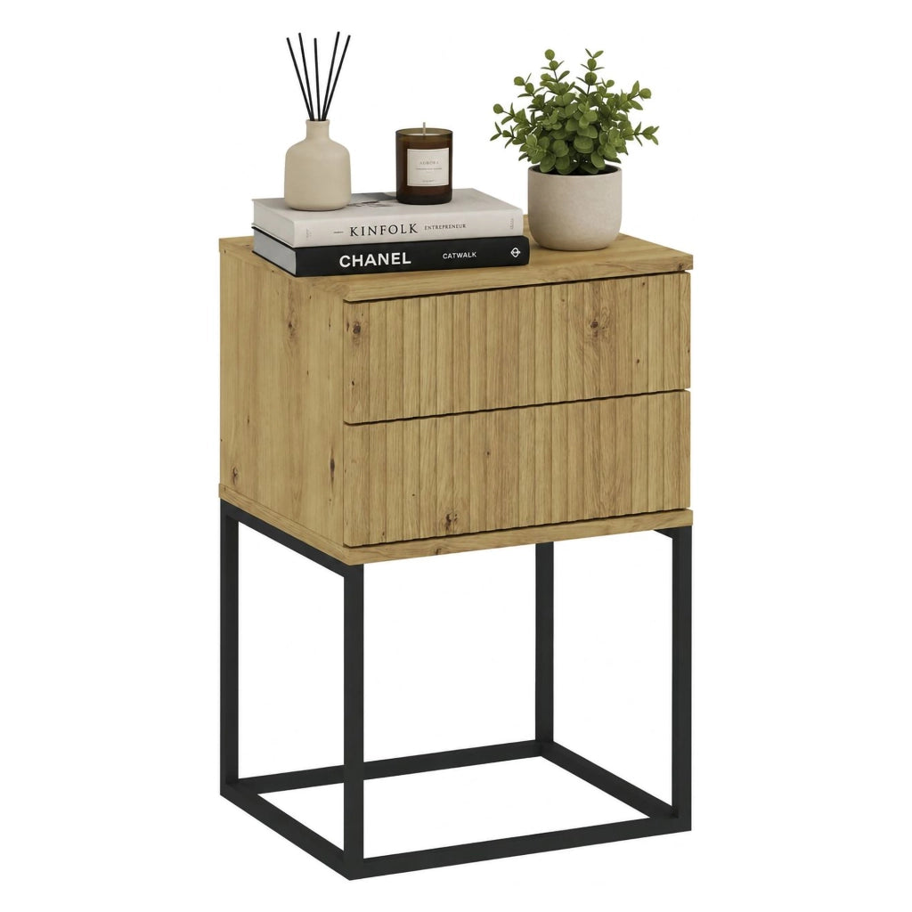 Lehatava, Comodino 2 Cassetti, 40x39x65h cm Marrone Rovere