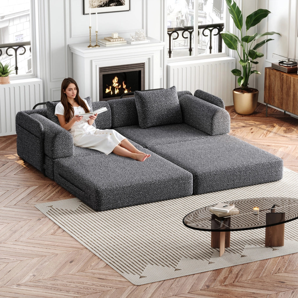 Divano letto 2 in 1 con bracciolo portaoggetti - Zephmum- Design brevettato, telaio metallico, configurazioni multiple