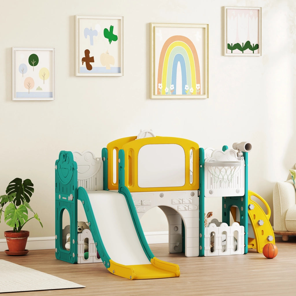 Casa gioco per bambini ¨C zephmum ¨C Giallo e verde, scivolo, cestino basket