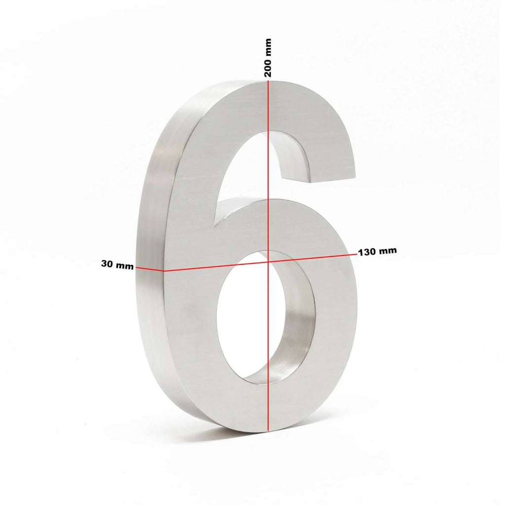 Targa con numero civico "6" in acciaio pregiato 20 cm Arial 3D materiale di montaggio 16_0001430