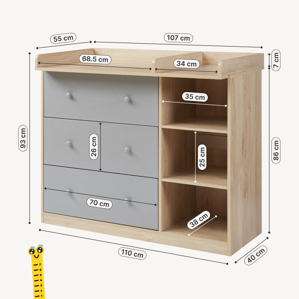 Cassettiera Beldinupp con Piano Fasciatoio Rimovibile 93 x 110 x 55 cm - Effetto Rovere / Grigio [en.casa]