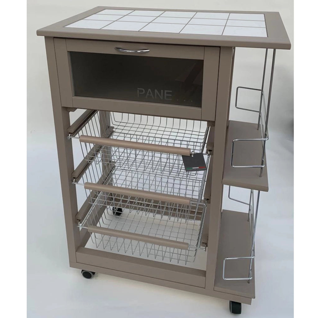 Carrello Cucina Salvaspazio In Legno Di Faggio Con Cassetto E Cesti Contenitori Portabottiglie Vino 4 Ruote Gire Tortora