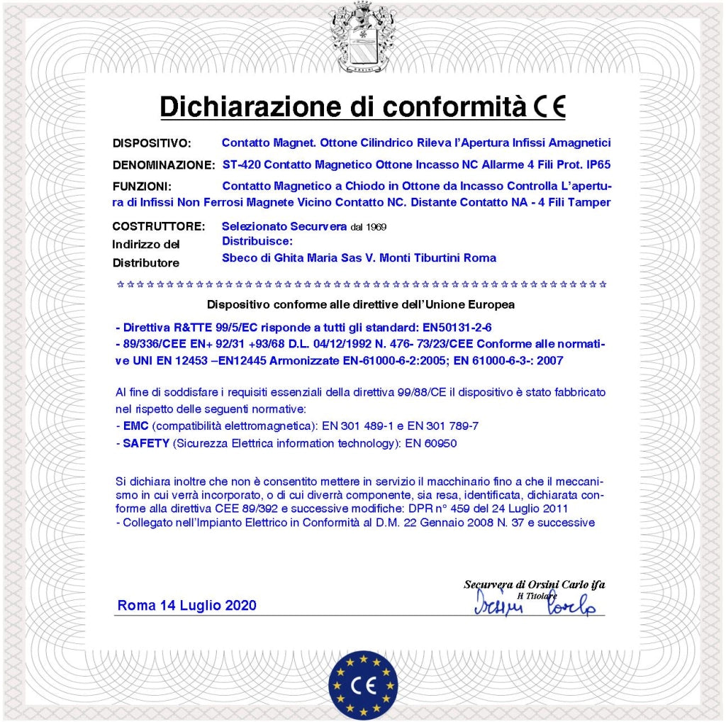 Rilevatore Magnetico Ottone Cilindrico da Incasso Dieci Pezzi Allarme Porta Reed NC Collegamento 4 Fili Tensione Transito Max 100 V 10 W Carico Resistivo Antifurto Infissi Non Ferrosi Protezione IP65