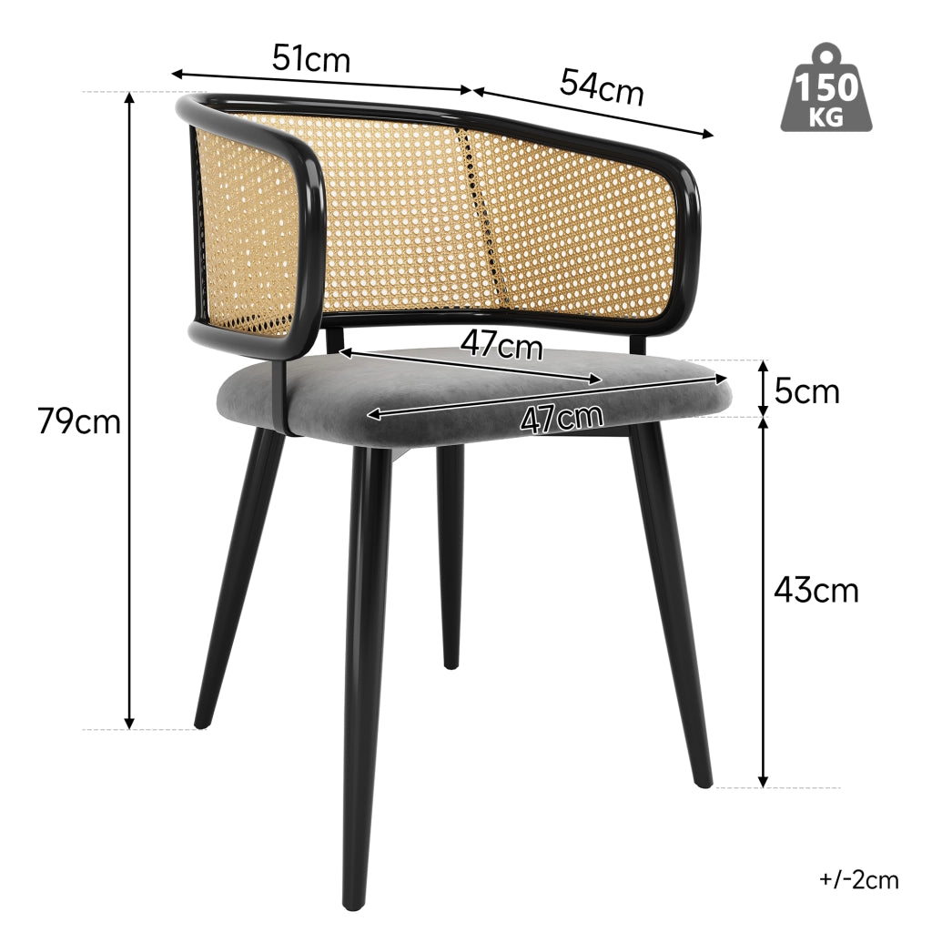2 sedie da pranzo in rattan con cuscino in velluto e design antiscivolo gambe in ferro effetto legno grigio