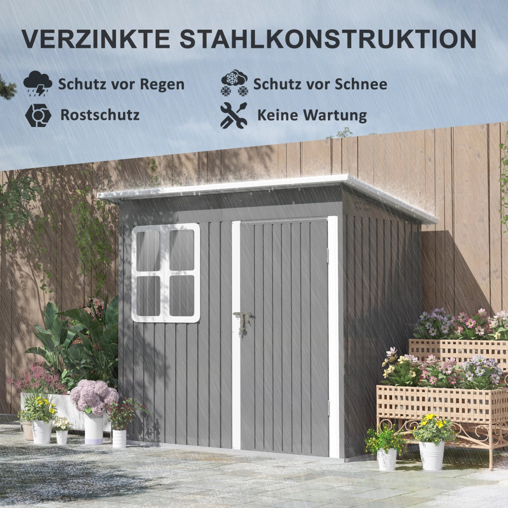 Capanno da giardino 2;55 m2; capanno da giardino con tetto a pendenza singola; 221 x 133 x 190/173 cm; capanno attrezzi con porta chiudibile a chiave; finestra; garage per biciclette; armadietto in acciaio; per giardino; giardino; grigio scuro