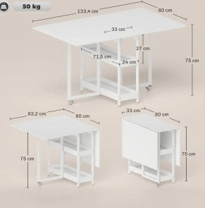 Tavolo da pranzo pieghevole bianco con 2 ripiani aperti