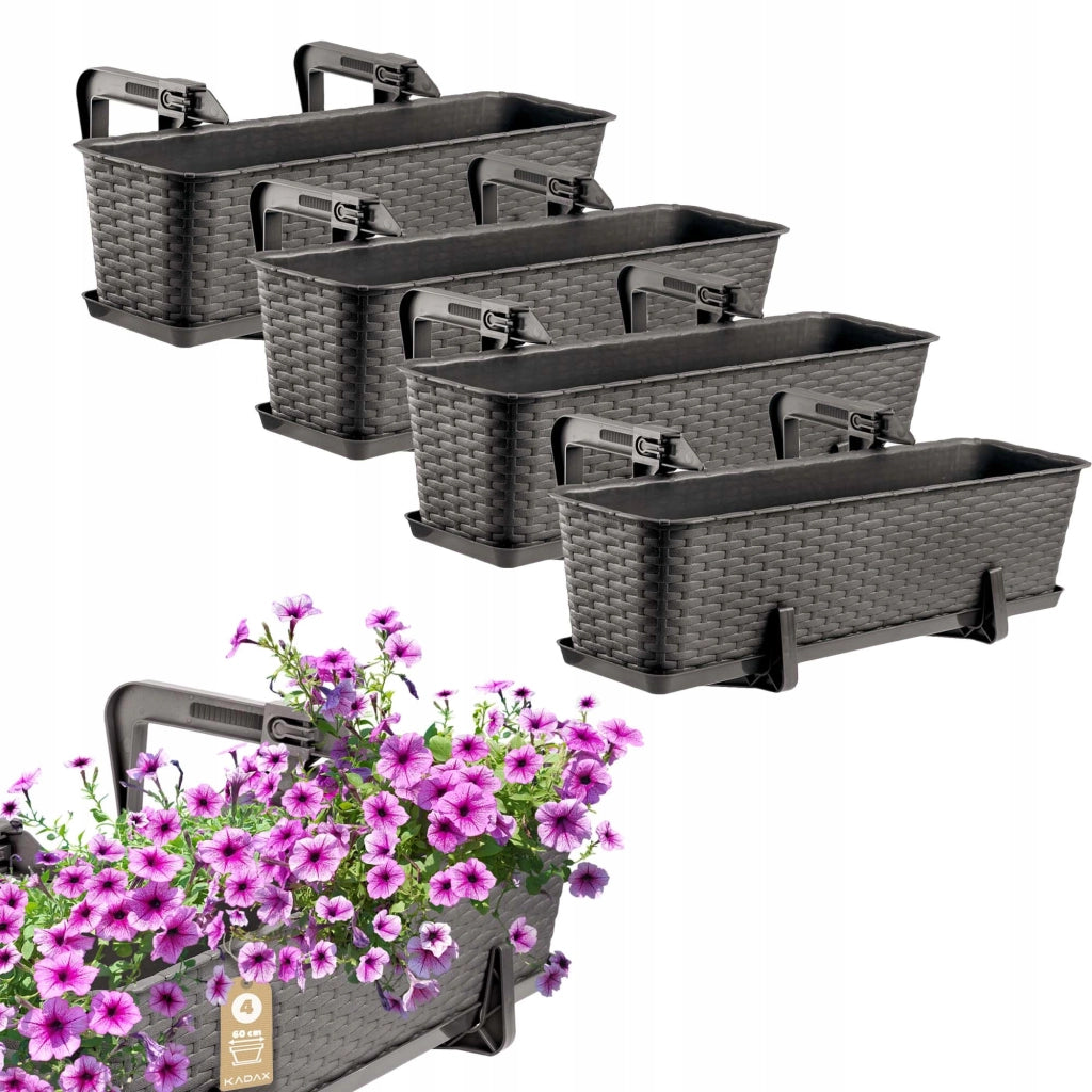 KADAX 4x Fioriere da balcone 60 cm in rattan con manici e supporto, colore marrone