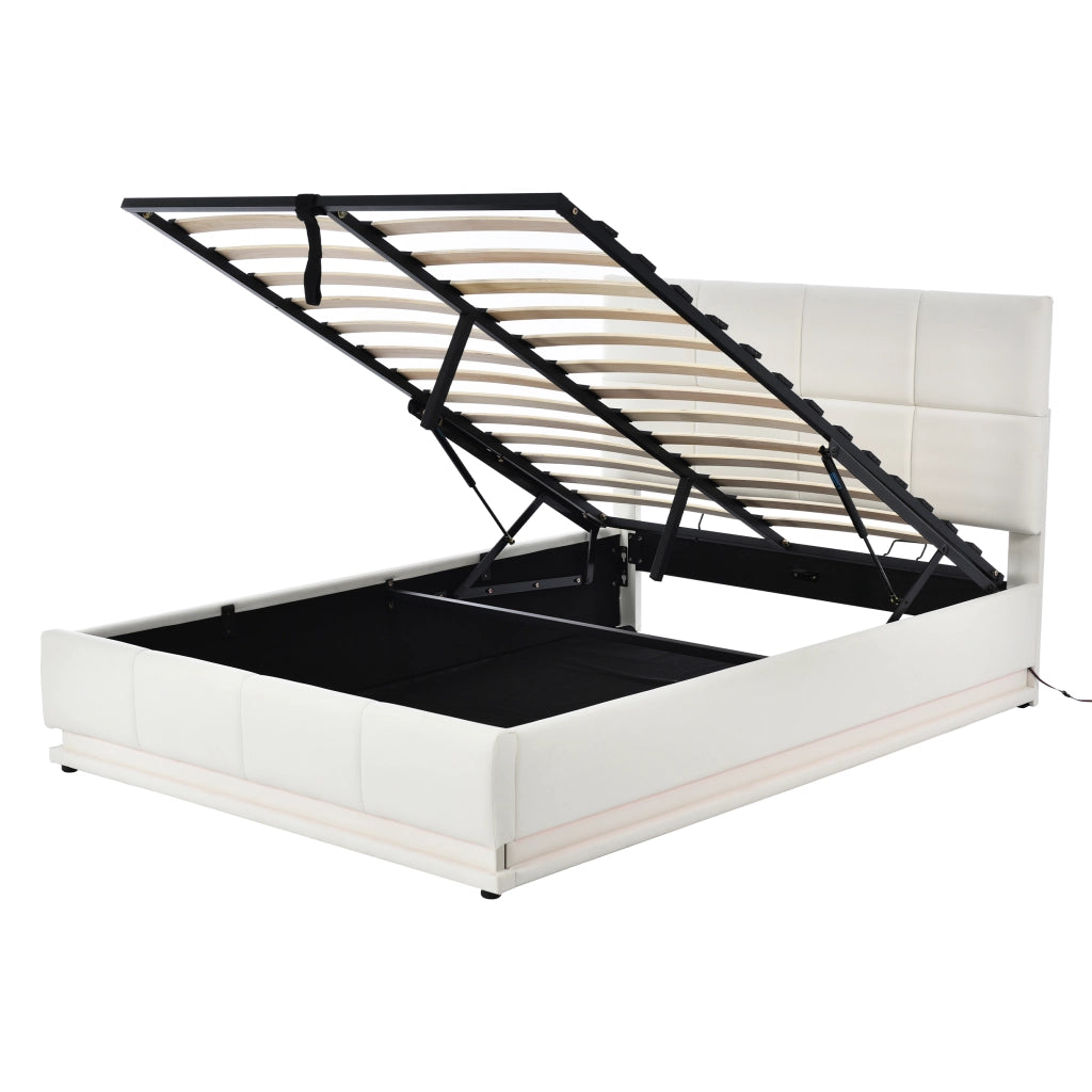 Letto doppio imbottito 140x200cm con luce LED e riporto sotto il letto bianco