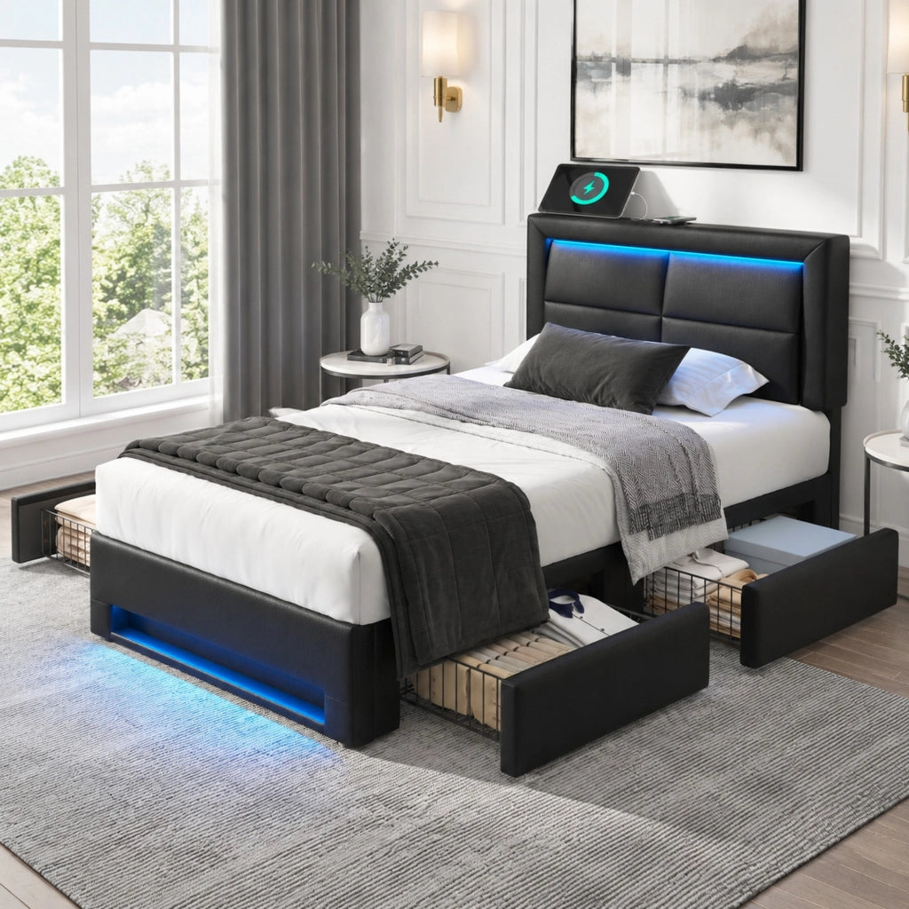 Letto imbottito 90x190 cm in PU nero con USB, LED e 4 cassetti