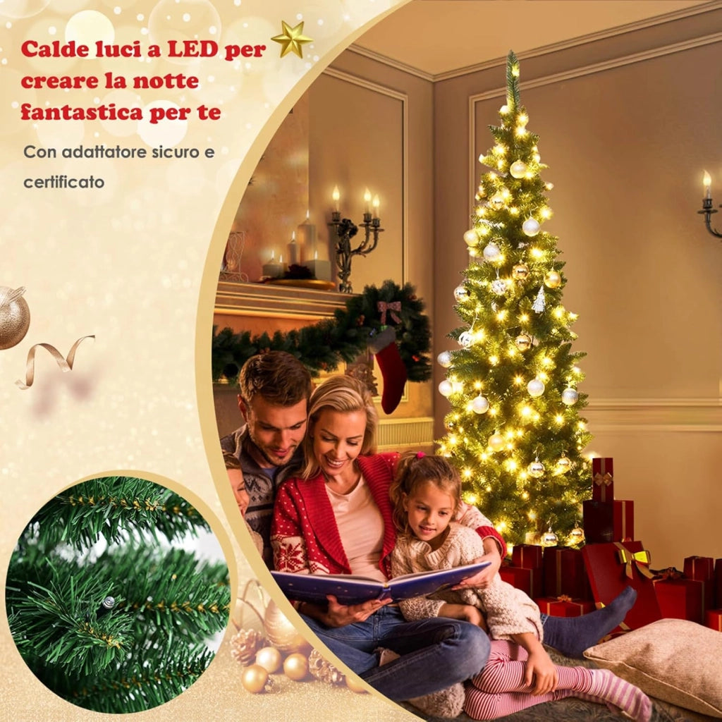 Albero di Natale 135/200/225 cm, Albero di Natale Slim con 150/250/350 Luci a LED Calde, 226/708/1085 Rami Folti e Base di Metallo, Albero di Natale con Luci Incorporate per Festa (225 cm)