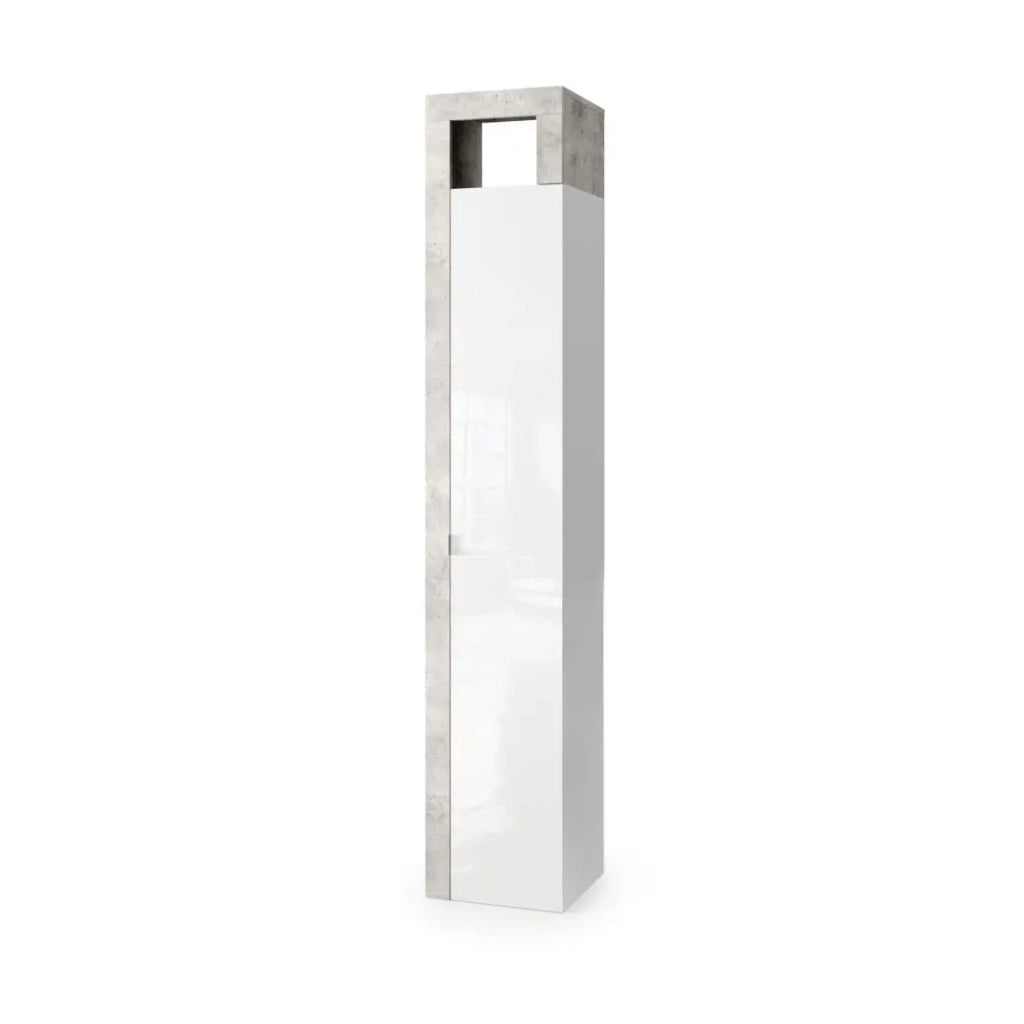 Armadio 1 porta 5 ripiani, collezione BURA. Colori bianco lucido laccato e grigio effetto cemento.