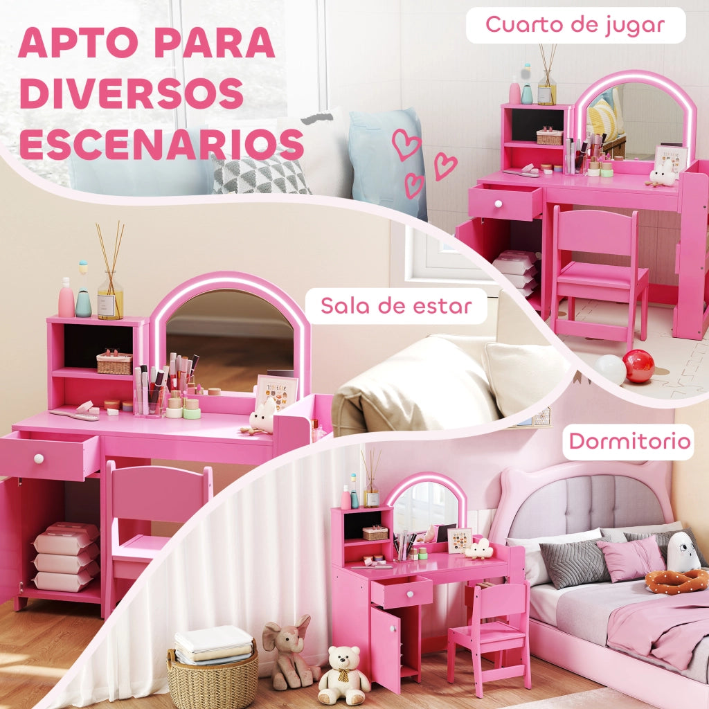 Tocador Bambini con Luce LED e Specchio ¨C Minimal ¨C Rosa, 1 Cassetto e 5 Ripiani