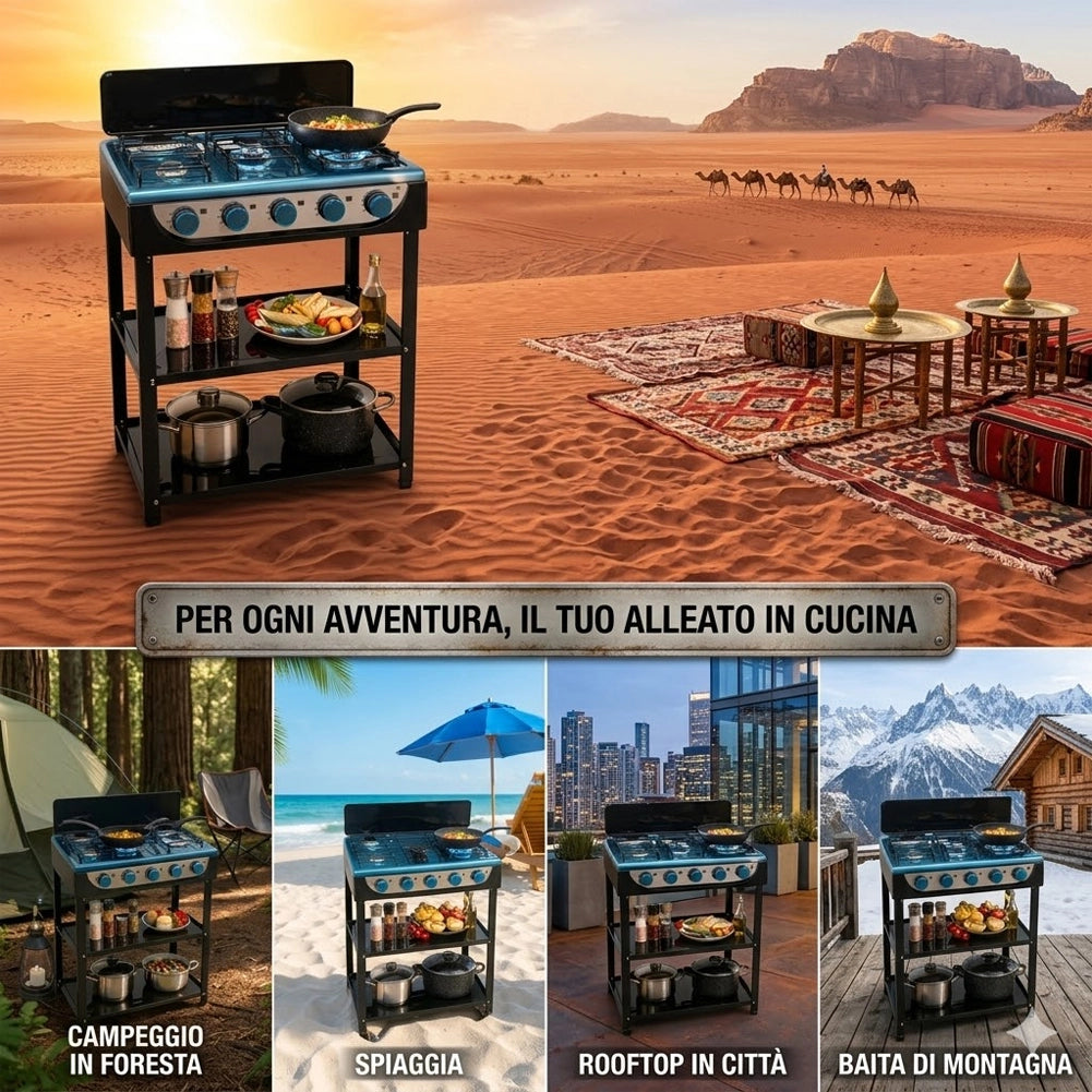 Cucina a Gas GPL da Esterno Piano Cottura con 5 Fuochi 65x45x90 cm in Acciaio