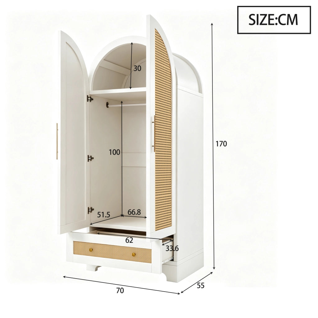 Armadio a 2 ante con 2 cassetti e 1 ampio vano; frontale effetto rattan; per camera da letto; bianco; 70 × 55 × 170 cm
