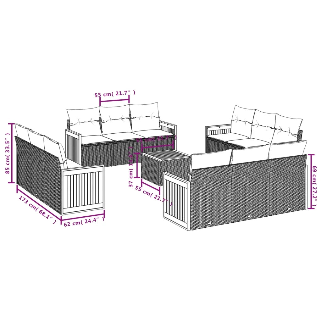 Set Divano da Giardino 13 pz con Cuscini Beige in Polyrattan