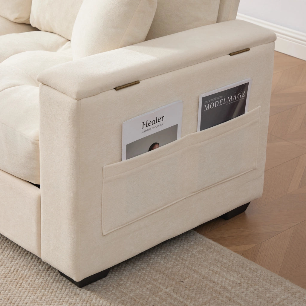 Divano 2 posti con vani portaoggetti e tasche laterali in ciniglia beige
