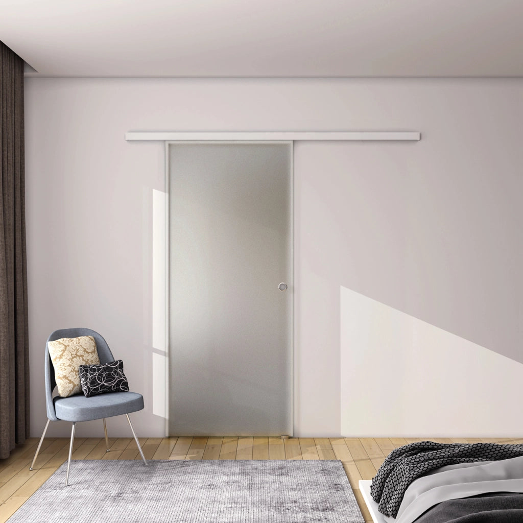105x225 cm Porta Scorrevole in Vetro da 8 mm Temperato Opaco con Pellicola Anti-frantumi con Binario in Alluminio Bianco Verniciato