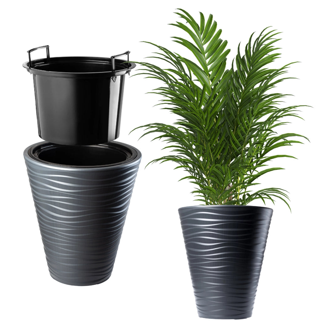 Vaso da fiori KADAX + inserto, coprivaso da giardino, antracite chiaro, 35 x 40 cm