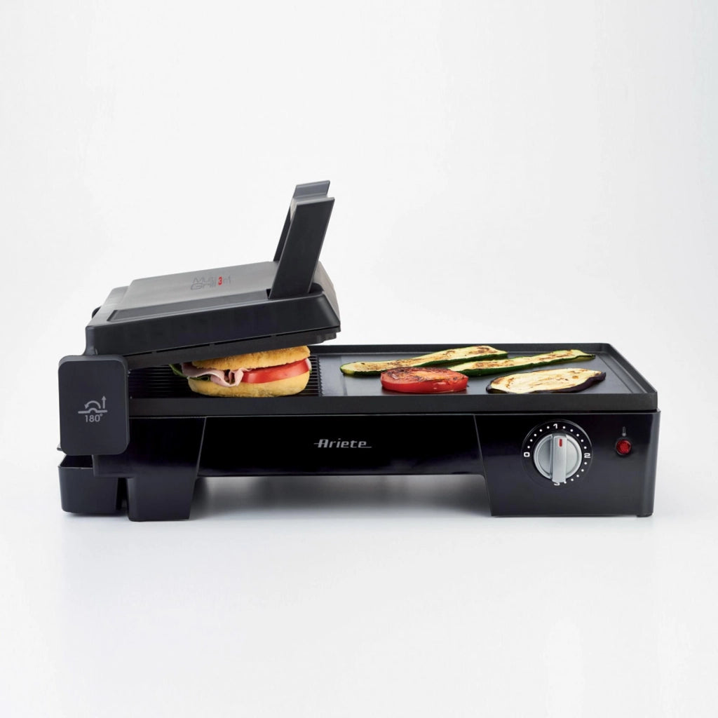 Ariete 1916 Multi Grill 3 in 1 - Griglia Elettrica, Barbecue, Piastra liscia e rigata - apertura a 180° - Termostato regolabile - 2400 Watt - Nero