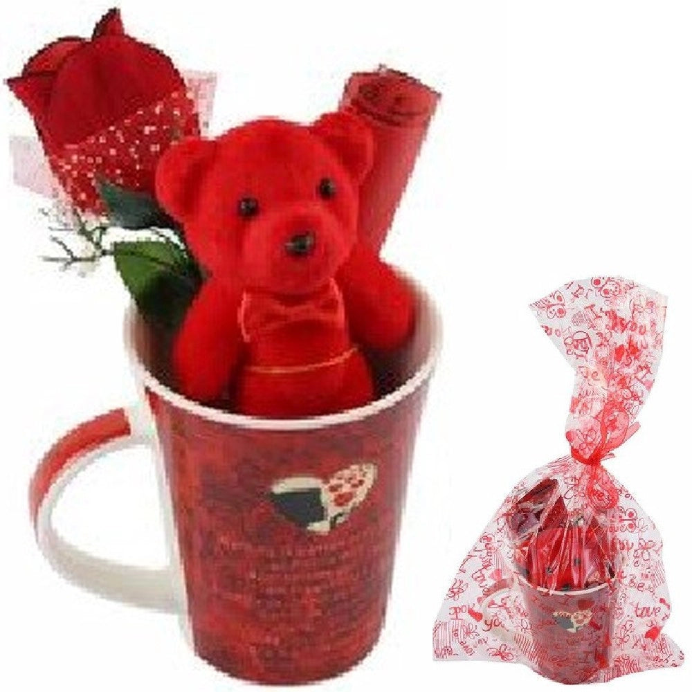 Trade Shop - Tazza Con Peluche Orsetto Rosso Regalo San Valentino Con Fiore Confezione 63297 -