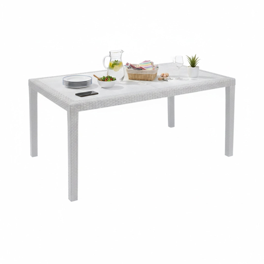Tavolo da esterno Arca, Tavolo fisso rettangolare, Tavolo da giardino multiuso effetto rattan, 100% Made in Italy, Cm 138x78h72, Bianco