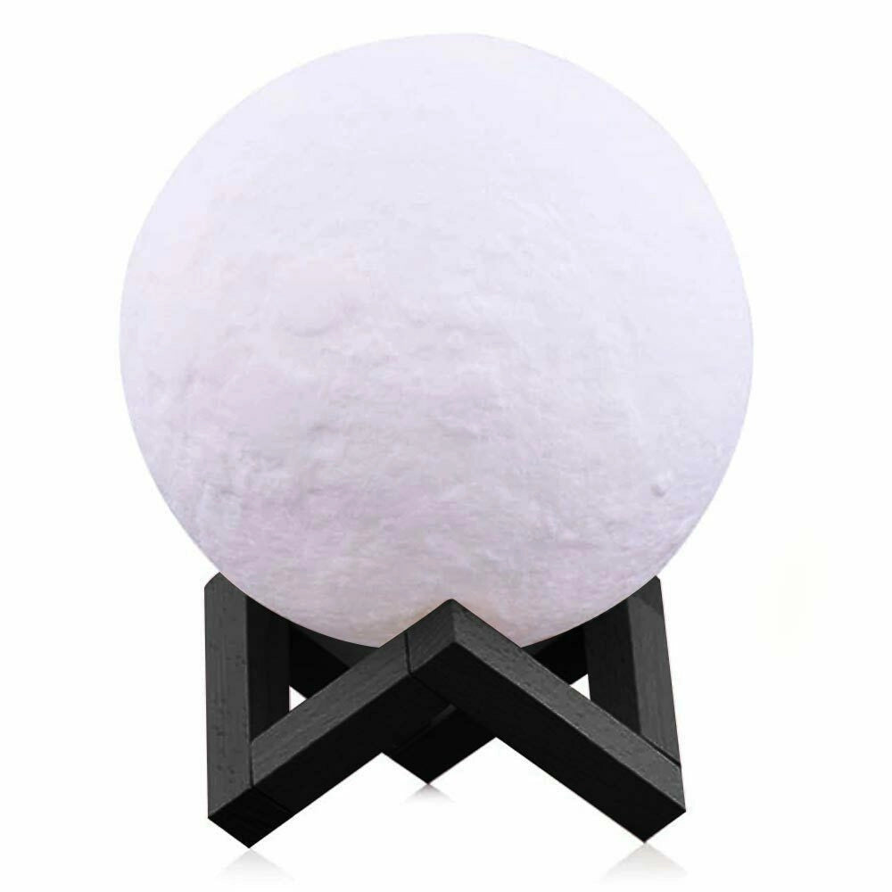 Trade Shop - Lampada Da Tavolo Luna 18cm Luce Led 3 Colori Moon Lamp A Batteria Con Supporto -