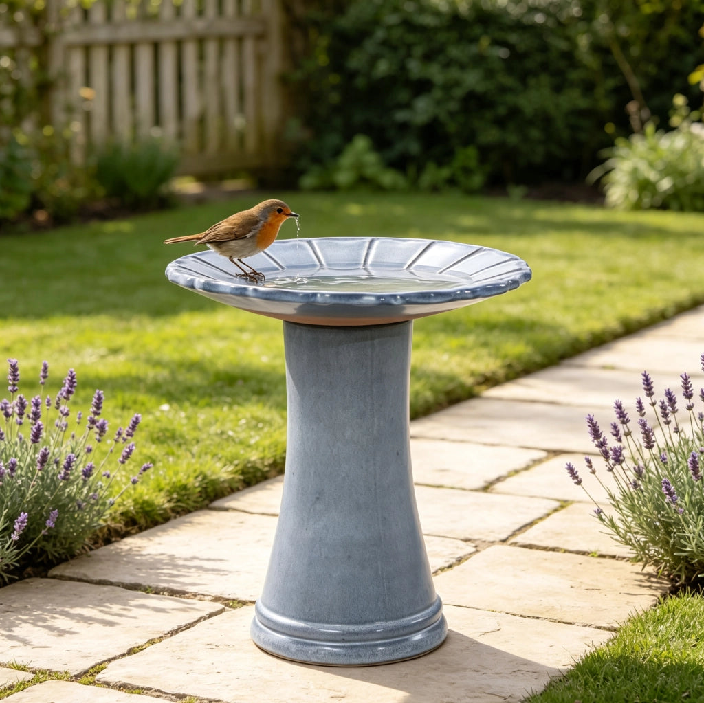 Bagno per uccelli in ceramica blu grigio lucido con ciotola floreale Ø 43 cm e piedistallo alto 45 cm per giardino